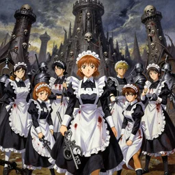 anime key visual of high fantasy and great war with anime maids as soldiers, covered in blood, tower of skulls looms in the background, style of jamie wyeth james gilleard edward hopper greg rutkowski acrylic painting, preserved museum piece, historical