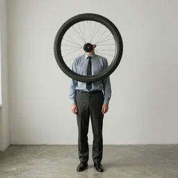 man with wheel in head surreal