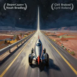 rocket car driving on the lost highway to infinity. Spacetime. Straight highway. Super highway. Speeding. Digital painting. Beeple. Noah Bradley. Cyril Roland