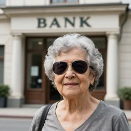 an old lady with curly gray hair wearing dark aviator sunglasses standing in front of a bank