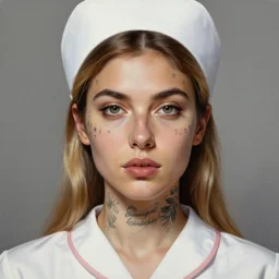 photorealistic painting of a female nurse with a tattooed face, realistic eyes, symmetric face, beautiful bone structure, dark blonde long hair, painting by gaston bussiere