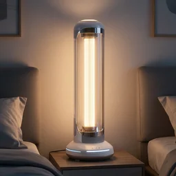stylish futuristic solarpunk aerospace tall lamp bedside photo illumination hd