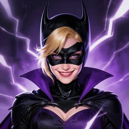 character concept portrait, head-on centralized, super-villain girl smirking, blond, small mask, black and violet costume. Detailed, high quality, dynamic lightning, fantasy. Artwork by Artgerm, WLOP, Alex Ross, Greg Rutknowski, Alphonse Mucha