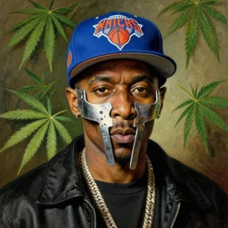 high quality celebrity painting of rap artist mf doom, hip hop artist mf doom wearing a ny knicks hat by the old dutch masters, marijuana leaves in background, rembrandt, hieronymous bosch, frans hals