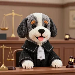 a closeup photorealistic illustration of a smiling knitted bernedoodle judge dog dressed in a black gown, presiding over the courthouse. scales of justice and a gavel themed room. this 4 k hd image is trending on artstation, featured on behance, well - rendered, extra crisp, features intricate detail, epic composition and the style of unreal engine.