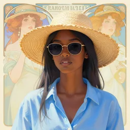 a dark skin girl, with sunglass, straw hat, blue shirt, art by artgerm and greg rutkowski and alphonse mucha, trending on artstation, cinematic light, pastel colors, high radiosity