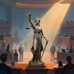 editorial illustration by karolis strautniekas and mads berg, illustrated ( ( lady justice statue ) ) in a busy court room interior, many people, low fog, fine texture, detailed, muted colors, dramatic lighting, dynamic composition, vivid, matte print, wide angle, ( ( sunbeams ) ), moody, orange and blue tones