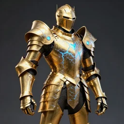 golden knight armor with glowing blue cracks