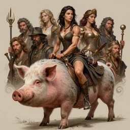 portrait of a ruggedly handsome heroine musled girl riding on a large pig beast mount, intricate, elegant, highly detailed, artstation, artgerm, ralph horsley, rossdraw, mark ryden, sophie anderson, lilia alvarado, tom chambers, donato giancola, daniel f. gerhartz, joseph christian leyendecker, wlop