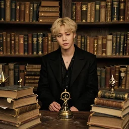 cinematic still of jimin in a medieval magic shop with books, 3 5 mm by vivian maier and helmut newton, beautiful still.