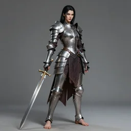 full body portrait of a barefoot female vampire warrior by guweiz, barefoot, heavy plate armor, two - handed sword, lithe, athletic, beautiful, detailed, realistic armor, anatomically accurate, guweiz, z. w. gu on artstation, 4 k.