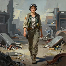 brutalist painting of a female landmate pilot walking across a cyberpunk wasteland, Very highly detailed, 8K, octane, Digital painting, rule of thirds, sharp focus