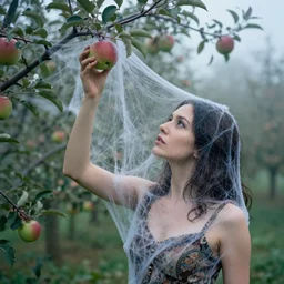 a closeup portrait of a woman wearing dress made of spiderwebs, picking apples from a tree in an orchard, foggy, moody, photograph, by vincent desiderio, canon eos c 3 0 0, ƒ 1. 8, 3 5 mm, 8 k, medium - format print