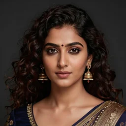 a beautiful half body portrait, dark background, gorgeous south asian brown woman, traditional wear, professionally retouched, soft studio lighting, realistic, smooth face, gorgeous eyes, curly hair, wide angle, sharp focus on the eyes, 8 k high definition, insanely detailed, intricate, elegant, gorgeous, art by artgerm and wlop