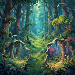 The Enchanted Forest is fractured through many timelines. trending on artstation, vibrant palette, highly detailed digital illustration