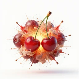 Exploding cherry, 3d render, white background, realistic explosion