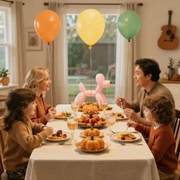 a balloon animal family is about to eat thanksgiving dinner
