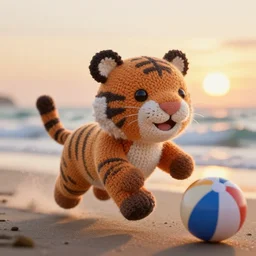 a closeup photorealistic photograph of a cute smiling knitted tiger hippopotamus chasing after beachballs during sunset. surf in background. professional capture. this 4 k hd image is trending on artstation, featured on behance, well - rendered, extra crisp, features intricate detail, epic composition and the style of unreal engine.