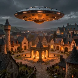 at the square of a medieval french village, with a spaceship hovering, a well in the center, arches, orange light, highly detailed, cinematic lighting, perfect composition, 4 k, gustave dore, derek zabrocki, greg rutkowski, belsinski, octane render, fantasy