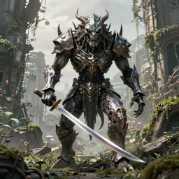 post - gothic giant creepy chimera, exoskeleton armor, holding shiny katana, dystopian ruins covered in vegetation, highly detailed smooth digital art masterpiece, vitaly bulgarov giger dramatic dark blue light, ground angle hd 8 k, sharp focus