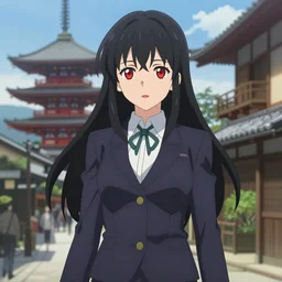 black haired girl with red eyes, in a suit, anime fantasy artwork, kyoto animation, key visual