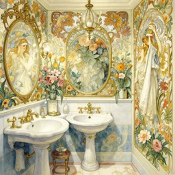 a beautifull intricate watercolour painting of a victorian bathroom with many flowers, reflexions, verry high details by william turner art, greg rutkowski and alphonse mucha, trending on artstation, very very detailed, masterpiece, - n 9
