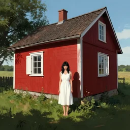 a young woman in the shadow! of a red cottage!. black hair, white! dress, sharp focus, wide angle, digital art by eddie mendoza, trending on artstation