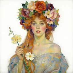 a oil painting of a beautiful woman on a white background, flowers, painted by mucha, floral headdress, 8 k resolution, octane render, trending on artstation, volumetric light