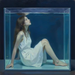 oil painting of girl sitting in fish tank drowning alone. she is wearing a white dress and has long brown hair. by aron wiesenfeld. blue and dark tones.
