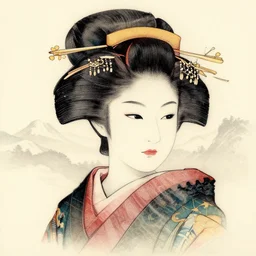 japanese geisha face blended in beautiful mountain scenery, double exposure effect, medium sized tattoo sketch, amazing detail, trending on pinterest, in the style of brandon kidwell