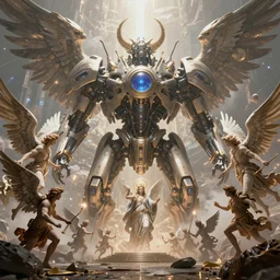 God's Angels and Cherubs in a war against a singular collosal futuristic machine, realistic 4k octane beautifully detailed render, 4k post-processing, highly detailed, intricate complexity, epic composition, magical atmosphere, cinematic lighting, masterpiece, ultra hd