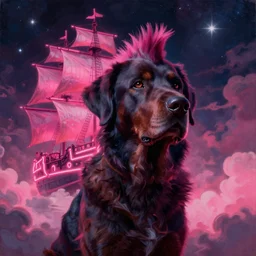 space, hyperdetailed illustration, portrait big dark dog, mohawk, stars, pink, neon, oil painting, rich deep colors masterpiece, pirate neon ship, ultra detailed, contrast, heaven pink, clouds, volumetric light, atmospheric lighting, dramatic, cinematic, moody, octane render 4 k, 8 k