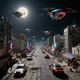 hundreds of plasma drone vehicles on the avenue in a Russian cyberpunk slum city called Neo Norilsk on the Moon, at night, diverse, lively, black sky full of stars, blinding sun, sci-fi, lots of flying cars, levitation, cyberpunk outfits, photorealistic, grainy, 35mm, intricate, very very beautiful, elegant, smooth, cinematic, Unreal Engine 5, trending on Artstation HD