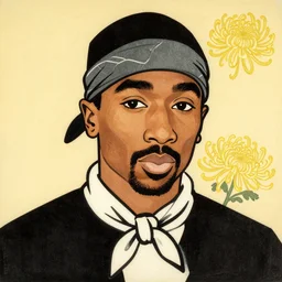 a stylized minimalist portrait of tupac with a bandana and a chrysanthemum. shin hanga and kawanabe kyosai and cory loftis and rossdraws and wlop and rossdraws and greg rutkowski weta studio and lucasfilm, behance, global illumination, golden ratio, flat colors, thick black outlined, woodblock print