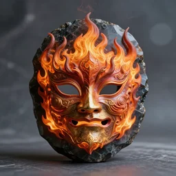 an elaborate intricate mask made of flames on an obsidian slab, rendered in octane, behance hd, bokeh obsidian backdrop