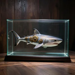 a glass rectangle box, inside is a big shark! with steam punk gears for a tail, museum display, dark wooden walls, studio lighting