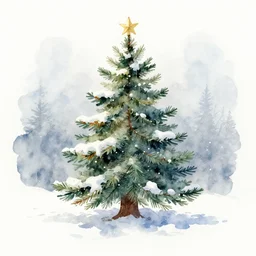 greeting card artwork, watercolor painting of a christmas tree outdoors in the snow