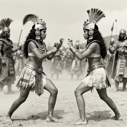 movie, ancient Battlefield, two beautiful aztec warrior females fight, epic ,old photo, vintage, black and white, Boris vallejo, sepia, apocalypto