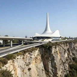 A highway interchange over the edge of a cliff, Zaha Hadid, Charles Sheeler, flying buttresses