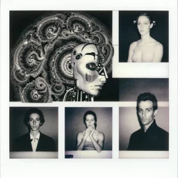 a black and white photograph of cybernetic androgyny, mandelbrot, in the style of m c escher, jenny saville, egon schiele, wassily kandinsky, piet mondrian, film photography, cinematic photography, fashion photography, polaroid photography, soft lighting, surreal