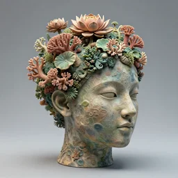 A hyper-realistic sculpture of a human head with infinite coral garden of plants, fractal lotuses, and synaptic structures growing on top of it, HD