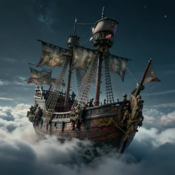 Ancient pirate ship emerging from the clouds in the nightsky, unreal octane render, trending on artstation, highly detailed, epic composition, 8k UHD