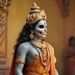 the indian god of death, cinematic, color grading, camcorder effect, side - view, warm color palette, colorful, technicolor, 3 d, sunlight, mist, ray tracing reflections, post - production, by weta digital, by weta fx, by wlop