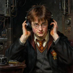 a epic norman rockwell painting of harry potter listening to music with headphones on in a dark liminal space room, gritty tech, deep focus, fantasy, intricate, elegant, highly detailed, digital painting, artstation, concept art, matte, sharp focus, illustration, dark fantasy style art, resident evil, art by artgerm and greg rutkowski and alphonse mucha