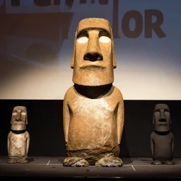moai stone having a comic con panel