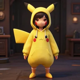 vrchat, secondlife, imvu, 3 d model of a girl in a pikachu hoodie, cutely designed clothing, hq render, detailed textures, artstationhd, booth. pm, highly detailed attributes and atmosphere, dim volumetric cinematic lighting, hd, unity unreal engine
