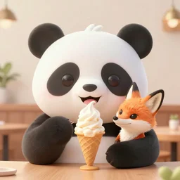 high quality 3 d render hyperrealist very cute happy panda & fox hybrid eating ice cream, vray smooth, in the style of detective pikachu, very dramatic light, low angle, uhd 8 k, shallow depth or field