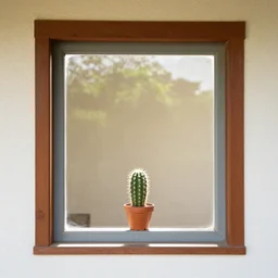 view from inside a house on window with on it's border small cactus in pot. by tony sandoval