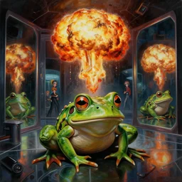 a photorealistic highly detailed painting of a y 2 k 1 9 8 0's frog nuclear bomb explosion hall of mirrors by johfra bosschart, lisa frank, kinkade, visionary art, dark fantasy art, high detail, trending on artstation