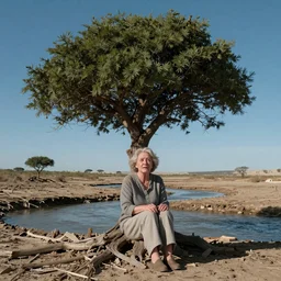 65-year-old woman made from a tree, crying one single tear, facing the camera and sitting on a dried up river in a desolate land, blue sky, hot and sunny, highly-detailed, elegant, dramatic lighting, artstation, 4k, cinematic landscape, photograph by Elisabeth Gadd
